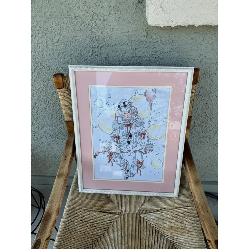 Cross-stitch Mime with Balloon framed matted wall decor feminine quirky oddity